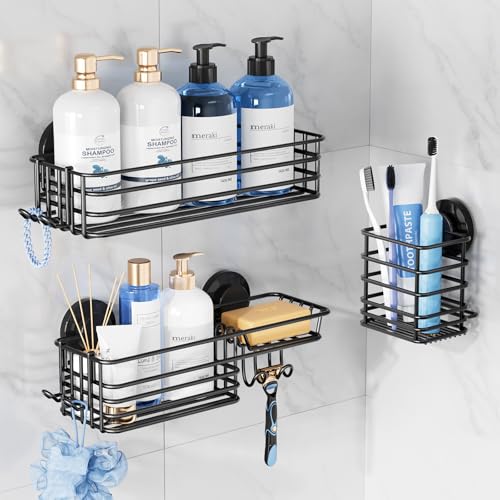 TAILI Shower Caddy Suction Cup, 3 Pack Shelves for Inside with Hooks & Soap holder Toothbrush Cups, Removable Bathroom Organizer, Rustproof Black Holder Storage-Black - style: 3× Black