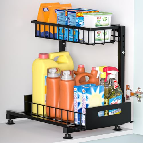 L-Shaped Under Sink Organizer, 2-Tier Pull Out Metal Kitchen Cabinet Organizer with Sliding Storage Drawer, Height Adjustable Heavy Duty Under Bathroom Sink Storage for Cleaning Supplies 1 Pack - color: Black V2.0, size: 1 Pack