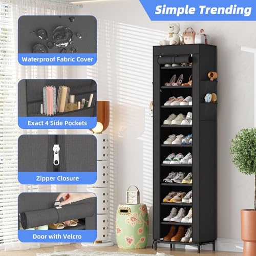 Simple Trending Narrow Shoe Rack with Cover, 10 Tier Shoe Organizer Storage, Tall Free Standing Shoe Cabinet Holds 20 Pairs for Closet, Black - size: 10 Tiers Narrow with Cover, Black