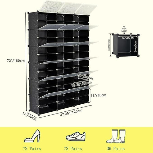 12-Tier Portable 72 Pair Shoe Rack Organizer, 36 Grids Tower Shelf Storage Cabinet Expandable Stackable Space with Door for Heels, Boots, Slippers Black