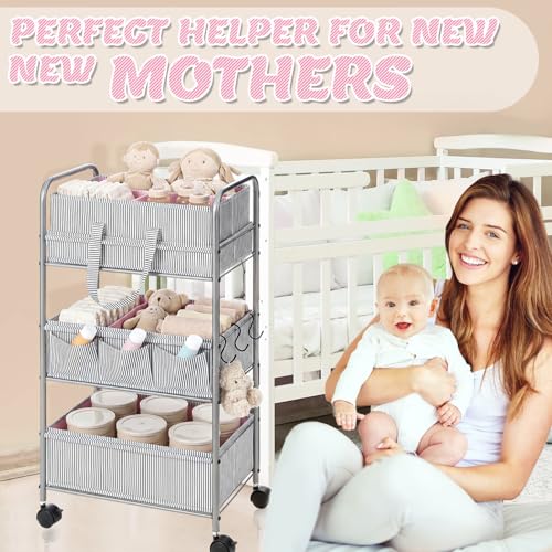WILLBOND 2 in 1 Baby Diaper Caddy Organizer Cart, 3 Tier Large Stripe Bedside Rolling Cart Metal for Baby Essential with Divider for Newborn Registry Must Have Nursery Bedroom Mother Gift(Pink) - color: Pink