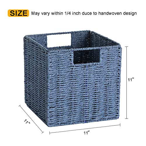 Vagusicc Wicker Storage Basket, Set of 2 Hand-Woven Storage Baskets for Shelves with Handles, Foldable Cube Storage Baskets Bins 11 Inch Large Wicker Baskets for Pantry Decor, Blue(11''x11''x11'') - color: Dark Blue, size: 11'' x 11'' x 11''