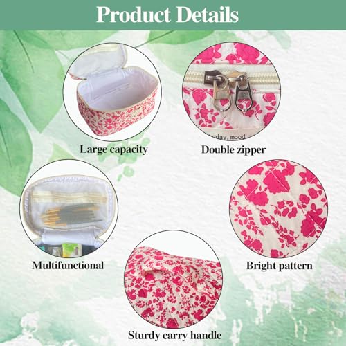 Rose Red Large Quilted Floral Makeup Bag Cute Soft Coquette Aesthetic Cosmetic Bag Cotton Travel Toiletry Bag for Women - color: A-Rose red