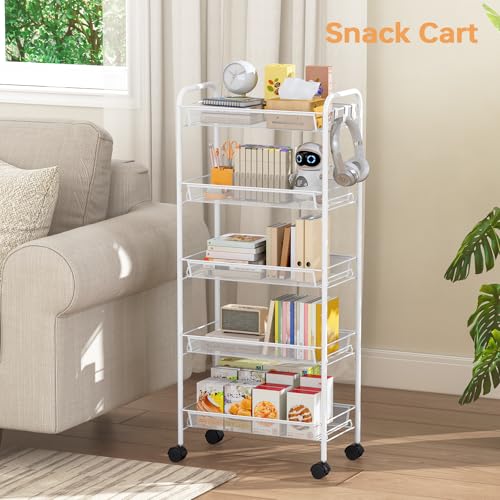 TOOLF 5-Tier Rolling Cart, Metal Utility Cart with 3 Hooks, Easy Assemble Mobile Storage Trolley On Wheels, Metal Shelving Units Kitchen Bathroom Laundry Room - color: White, size: 5-Tier