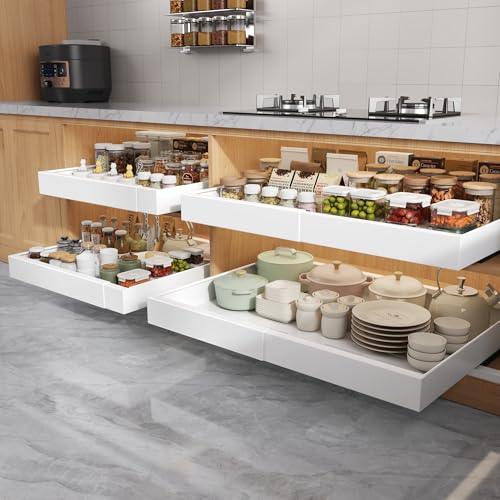 Seinloes 4 Pack Pull Out Cabinet Organizers 21" Deep With Raising Pad for Framed Cabinets, Expandable Width (15.2"-26.3") Slide Out Drawers Upgrade 3 Slide Rails, Roll Out Shelves Adhesive, White - color: White, size: 15.2"-26.3"Wide x 21"Deep(4 Pack)