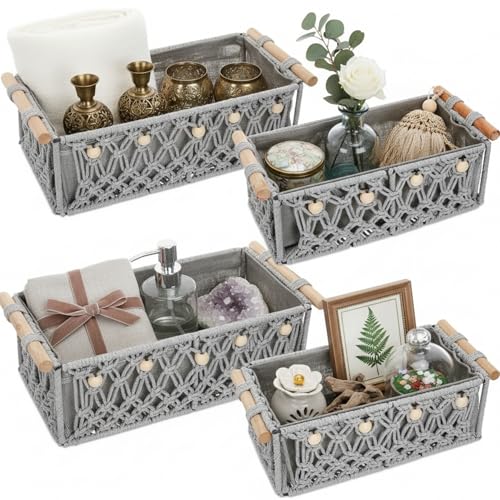 Vesici 4 Pcs Grey Macrame Storage Basket for Shelves 13 in 11 in Boho Storage Basket Hand Woven Boxes with Wood Handles Beads Decorative Countertop Toilet Tank Cabinet Organizer for Home Room Decor - color: Grey