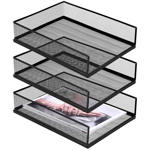 3 Pcs Black Metal Letter Tray, 3-Tier Stackable Paper Tray, Metal Mesh Desktop Organizer, Single Wire Mesh Organizer Front Load File Paper Holder, File Document Storage Rack for Office, School, Home