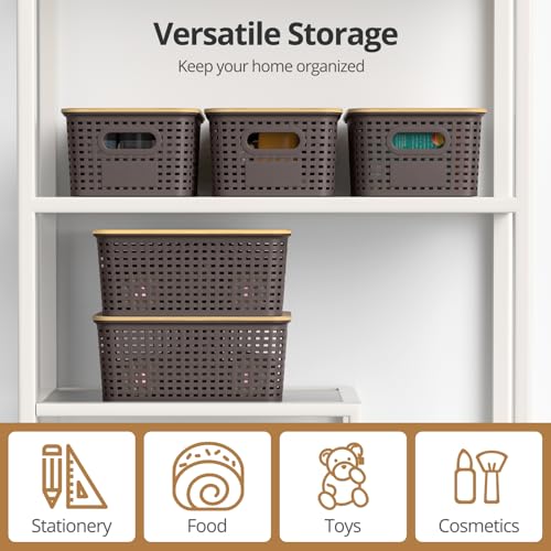Plastic Storage Baskets with Bamboo Lids, Stackable Small Box Bins for Organizing and Containers for Shelves Drawers Desktop Closet Pantry Classroom Office Home, 6 Pack 10.2x7.2x4.1 Inch, Brown - color: Brown