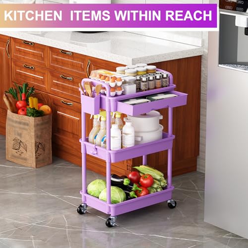 Goovilla 3 Tier Rolling Utility Cart Organizer with Removable Drawer, Stable and Sturdy Purple Rolling Storage Carts with 2 Lockable Wheels for Bathroom, Kitchen, Snack, Craft, Makeup, Baby Essentials - size: 3 Tier, style: Purple