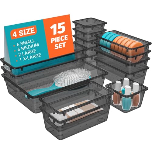 SpaceHacks 15 PCS Clear Plastic Drawer Organizer Set, 4-Size Acrylic Drawer Storage Trays, Storage Bins for Makeup, Gadgets, and Jewelry in Bathroom, Bedroom and Office, Clear Black - color: Black