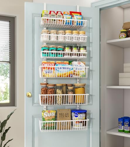 Mefirt Over The Door Pantry Organizer, Pantry Organization and Storage, 6-Tier Deep Baskets Hanging Heavy-Duty Metal, Wall Spice Rack Seasoning Shelves for Home & Kitchen, Laundry Room Bathroom, White - color: White, size: 6-Tier (16"W)