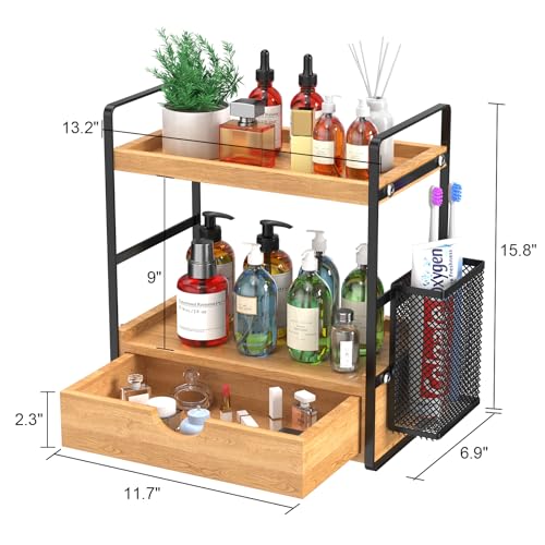 LEMIKKLE Bathroom Counter Organizer with Drawer and Basket,Wood Countertop Organizer for Bathroom Decor Makeup Tray for Perfume Skincare Bedroom Kitchen Corner - color: Light Brown With Drawer