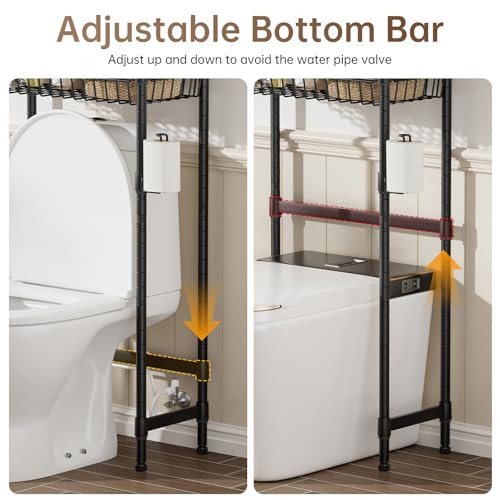 Golpart 3-Tier Over-The-Toilet Storage Shelf,Heavy-Duty Adjustable Bathroom Rack with 2 Mesh Baskets,Toilet Paper Holder & Hooks,Space-Saving Organizer for Bathroom,10”D x 24”W x 66”H,Black - size: Black with Baskets-10"D x 24"W x 66"H