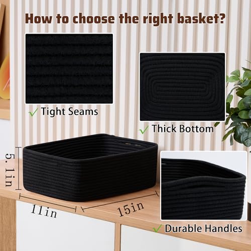 MiniArk Large Shallow Organizing Baskets 15x11x5.1 Inches - Rope Woven Storage Bins for Bathroom, Shelves, Cube Closet, Black 2 Packs - color: Black, size: 2pcs-L15×W11×H5.1"