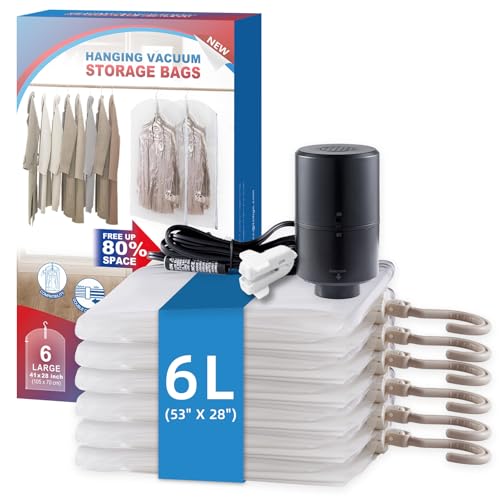 Hanging Vacuum Storage Bags, 6 Pack Hanging Storage Bags for Clothes With Electric Pump, Vacuum Sealed for Suits, Dress, Jackets (6 Long) - size: 6-Long-Epump