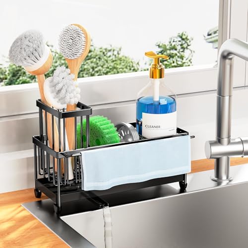 Cisily Sponge Holder for Kitchen Sink, Sink Caddy Organizer with High Brush Holder, Kitchen Countertop Organizers and Storage Essentials, Rustproof 304 Stainless Steel (Black with Towel Rack, 9.25″) - color: Black With Towel Rack