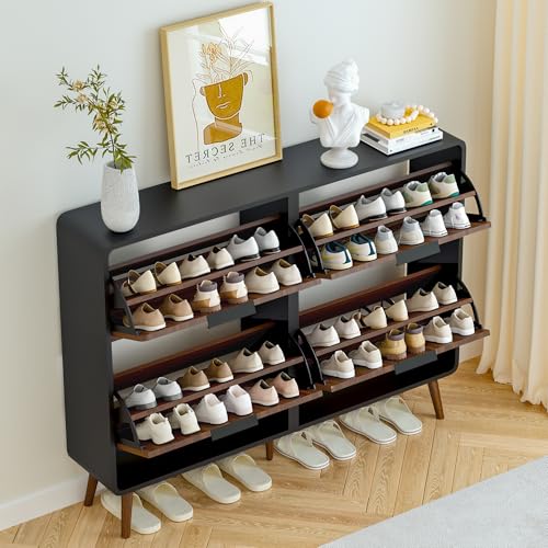 47" Fluted Large Shoe Cabinet with 4 Flip Drawers, Slim Freestanding Shoe Cabinet Organizer, Narrow Shoes Storage Rack for Entryway, 5 Sturdy Legs (Walnut with black, 9.45"D x 47.24"W x 35.83"H) - color: Walnut With Black#, size: 4 Drawers