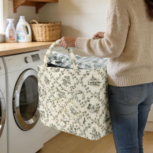 Quilted Fabric Basket Foldable Car Storage Boho Floral Laundry Basket Hamper for Nursery Bedroom & Living Room | Organize Clothes Toys - color: Green French Country