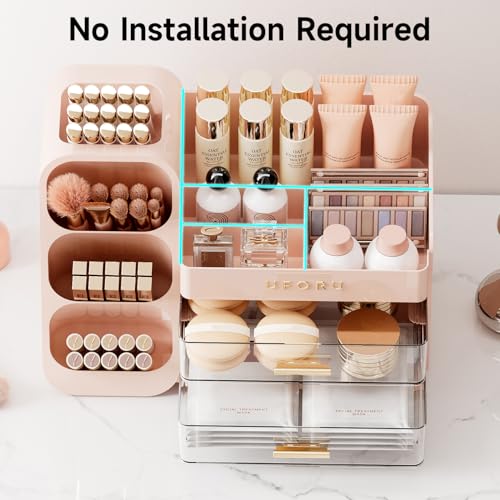 Makeup Organizer for Vanity with Brush Holder, Large Plastic Bathroom Countertop Skincare Organizer with 2 Drawers, Spacious Cosmetic Display Case for Perfumes, Eyeshadow Palettes, Nail Polishes - color: Pink, size: Large