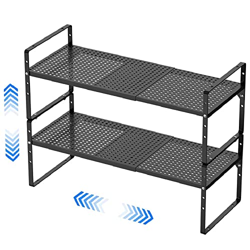 Expandable Kitchen Cabinet Shelf Organizers, Stackable Metal Pantry Storage Shelves Rack, Adjustable Counter Spice Shelf for Cabinets, Countertop, Cupboard, 2 Pack, Black - color: Black-2pack