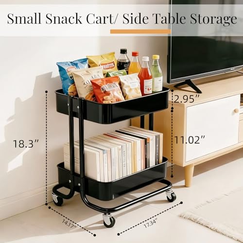2 Tier Cart with Wheels Heavy Duty Metal Rolling Storage Cart for Under Desk Storage, Short Small Utility Shelf for Pantry Kitchen Bathroom Laundry, Home Organizer with Large Basket, Black - color: Black-1