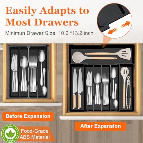 Spaclear Large Kitchen Silverware Organizer - Expandable 17.2" x 17.9" Adjustable Drawer Tray, 4-7 Compartments for Maximum Storage, BPA-Free, Black,L - color: Black, size: L(10.2-17.2"W x 13.2-17.9"D)