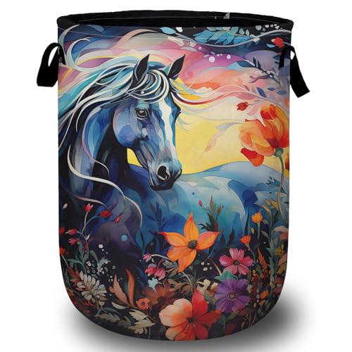 Colorful Horse Floral Laundry Basket, Laundry Hamper Collapsible Oxford Cloth with Handle Clothes Toy Storage Bin for Bathroom Laundry Room Bedroom 15.7 X 20 Inch - color: Colorful Horse Floral