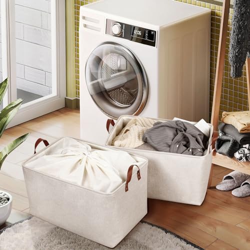DULLEMELO Large Beige Storage Basket 70L Oversized Canvas Fabric Storage Bin, Collapsible Rectangular Toys Basket Organizer with Handles, 22X15 Storage Container for Clothes, Blankets, Pillows - color: Beige, size: Extra Large-22" x 15" x 13"