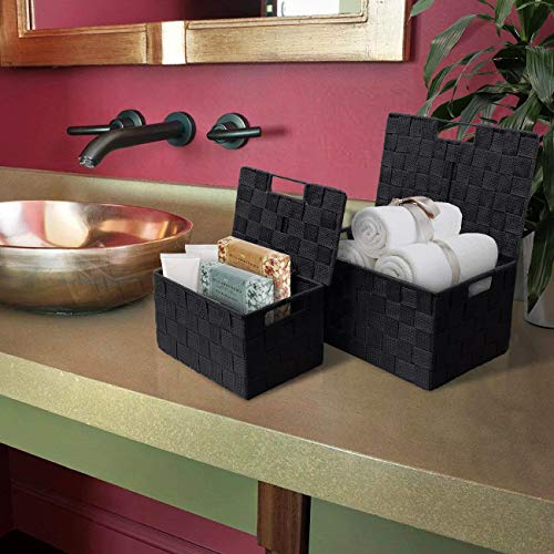 Sorbus Set of 3 Black Woven Storage Baskets with Lids – Mesh Hand-Woven Bins for Closet, Shelf, and Linen Organization – Variety Pack - color: Black