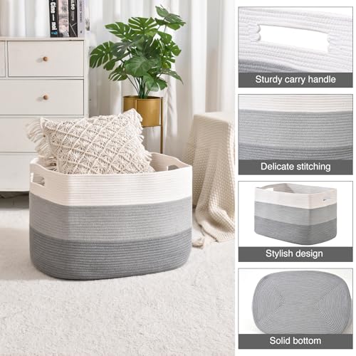 ICERZCZ Extra Large Blanket Basket Living Room, Rectangle Storage Basket, Large Woven Baskets for Storage, Cotton Rope Basket for Toys, Clothes, Gradient Grey - 25”x16”x16” (105L) - color: Gradient Grey, size: 25”x16”x16”