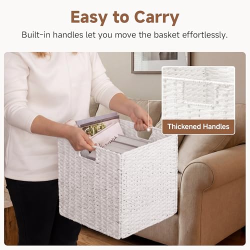 StorageWorks 13 inch Wicker Storage Baskets, Foldable Handwoven Wicker Basket for Organizing, Paper Rope Square Storage Cubes, White, 2 Pack - color: White, size: 13"L x 13"W x 13"H