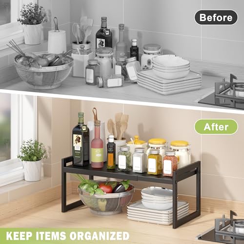 DOLALIKE Expandable kitchen Countertop Organizer, Stackable Cabinet Shelf Organizers, Space Saving Spice Rack Pantry Storage for Bathroom Office (Black, 1 Pack) - color: Black, 1 Pack