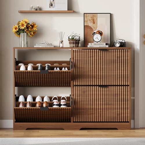 Shoe Cabinet Storage for Entryway with 4 Flip Drawers, Walnut Fluted Shoe Cabinet with Adjustable Shelves, Wooden Hidden Shoe Rack Freestanding Narrow Slim Shoes Storage for Hallway, Entrance - color: Walnut, size: 4 Drawer