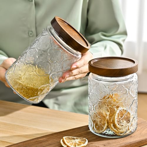 Adodeen 3-Pack 24oz Glass Jar With Airtight Lid,Kitchen Canisters For Countertop,Coffee Sugar Container Set,Pantry Glass Storage Containers For Flour,Candy,Loose Tea,Snack, mason jars - color: Sunflower/Bigonia/window-24oz