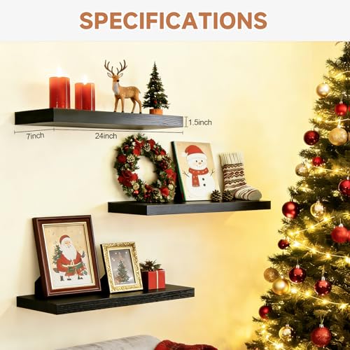 Assembly Easy Floating Shelves Set of 3,24 Inch Wall Mounted Wooden Shelf, Rustic Hanging Shelves for Home Decor, Books and Storage, Organizer for Bedroom,Small Bathroom,Kitchen,Black - color: Black, size: 24IN