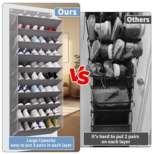 TAHAVICE 30 Pairs Over The Door Shoe Organizer, 10-Tier Hanging Shoe Rack with Deep Pocket for Closet, Extra Large Shoe Storage Holder for Sneakers, Boots, Heels(Grey) - color: A-grey
