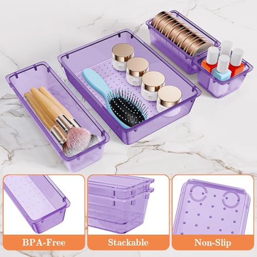 SpaceHacks 25 PCS Plastic Drawer Organizer Set, 4-Size Versatile Organizer Trays & Storage Bins for Makeup, Jewelry, and Gadgets in Bathroom, Bedroom and Office,Clear Purple - color: Clear Purple