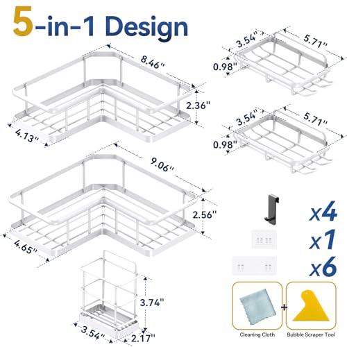 YASONIC Corner Shower Caddy, 5-Pack Adhesive Rustproof Stainless Steel Shower Organizer with Soap Holder, No Drilling Shower Shelf for Inside Shower, Dorm, Renters, White - color: White, size: 5Pack
