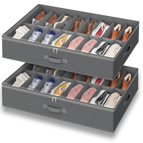Under Bed Shoe Storage Organizer for Closet, 32 Pairs Sturdy Underbed Shoe Storage Boxes Bins Container Foldable Shoes Storage with Handles & Clear Window for College Dorms Light Grey, Set of 2 - color: Light Grey