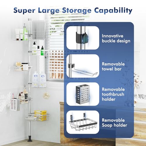 Vatex Shower Caddy Corner Tension Pole, Stainless Steel Rustproof 6 Shelves Bathroom Organizer with Towel Bar & Toothbrush Holder, Adjustable Shower Shelf for Renters - Family Stand Storage Rack - color: Silver