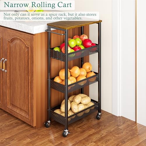 XYZLVSI Slim Storage Cart 4 Tier Fruit and Vegetable Baskets for Kitchen Small Space, Narrow Laundry Cart on Wheels with Wooden Top and Metal Handle for Pantry, Bathroom, Laundry Room - size: 16.7"Dx9.1"Wx34"H