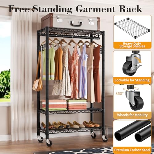 Heavy Duty Clothes Rack Rolling Garment Rack,3 Tier Adjustable Wire Shelving Clothing Racks for Hanging Clothes with Hanger Rod&Side Hooks,Freestanding Wardrobe Storage Rack Metal Portable Closet - color: Black3, size: 15.75"D x 23.5"W x 72.45"H