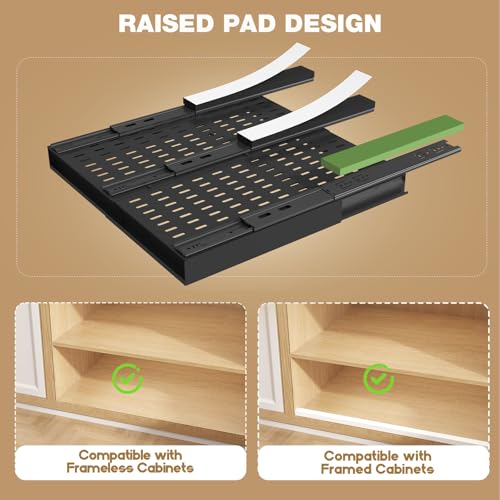 Seinloes 2 Pack Pull Out Cabinet Organizer With Raising Pad for Framed Cabinets,Expandable Width (13"-21") and Depth (17"-24"),3 Slide Rails Slide Out Drawers with Handle,No-Drill Roll Out Shelf,Black - color: Black, size: 13"-21"W x 17"-24"D(2Pack)