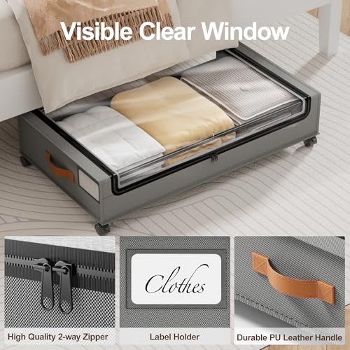 LAMU Under Bed Storage with Wheels, 2 Pack Under Bed Storage Containers with Clear Lid, XXL 60L Underbed Storage Bins, Rolling Under Bed Metal Drawers for Clothes, Blankets, Shoes, Grey - color: Grey, size: 2 Pack