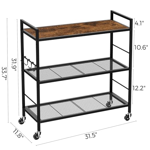 3-Tier Metal Storage Rack with Industrial Wheels,Mesh Shelving Unit with Wooden Table top,Adjustable Shelf,31.5-Inch Width, for Kitchen, Laundry,Pantry,Plant,Black - color: Brown Panel, size: 3 Tier (31.5"W x 11.8"D)