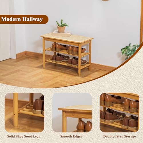 Bamboo Entryway Bench with Woven Rattan Seat, 2-Tier Shoe Storage Bench for Hallway & Entryway 23.62 inches Nature - color: Nature, size: 23.6 inch