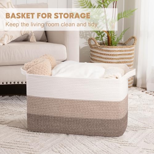 OIAHOMY Extra Large Blanket Basket, 110L Cotton Rope Woven Laundry Basket, Toy Bin for Baby Room, Container for Blanket Storage in Living Room, 24.8''×17.3''×15.8'', Gradient Brown - color: Gradient Brown, size: 110L