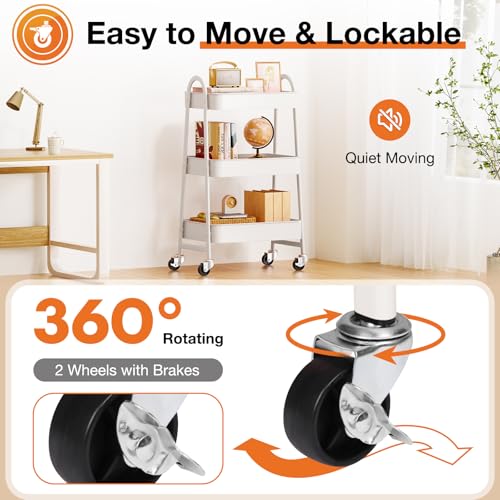 NEWBULIG 3-Tier Rolling Utility Cart with Locking Wheels, Slim Metal Mobile Storage Organizer Shelf for Small Spaces, Bathroom, Living Room, White - color: White, size: 3-Tiers