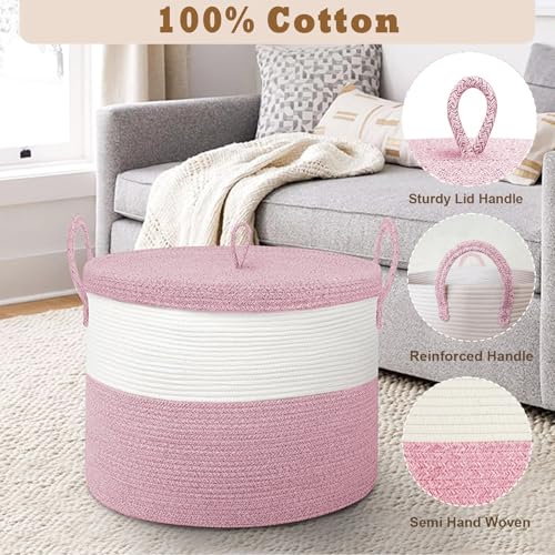 21" x 18" Extra Large storage baskets,Eco-friendly Decorative blanket basket with lid for Living room,rope baskets with lid,wicker hamper for bedroom,Big,Round,Pink 115L - color: White & Pink