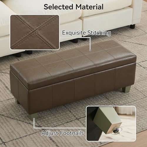 WUTUTUEE 41" Faux Leather Storage Ottoman, Stitch Tufted Rectangle Upholstered End of Bed Storage Bench, Entryway Large Couch Ottoman with Wooden Legs, Coffee - color: Coffee, size: 41 Inch